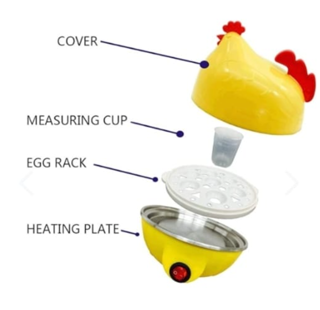 Hervidor de huevos gallina - partes: tapa, taza medidora, rejilla y placa calefactora